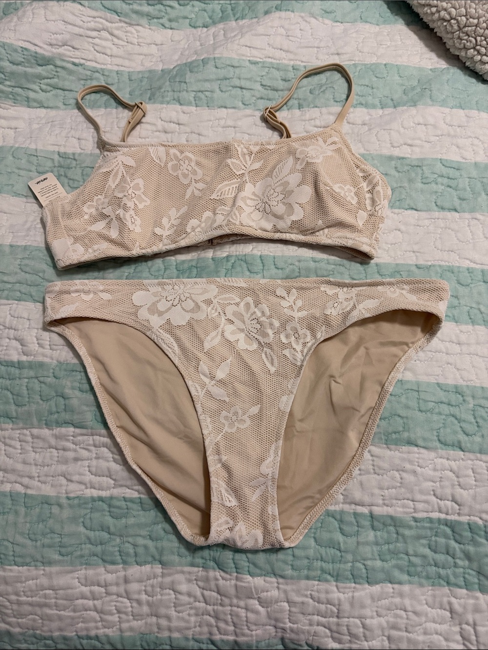 aerie Beige Floral Lace Bikini Set